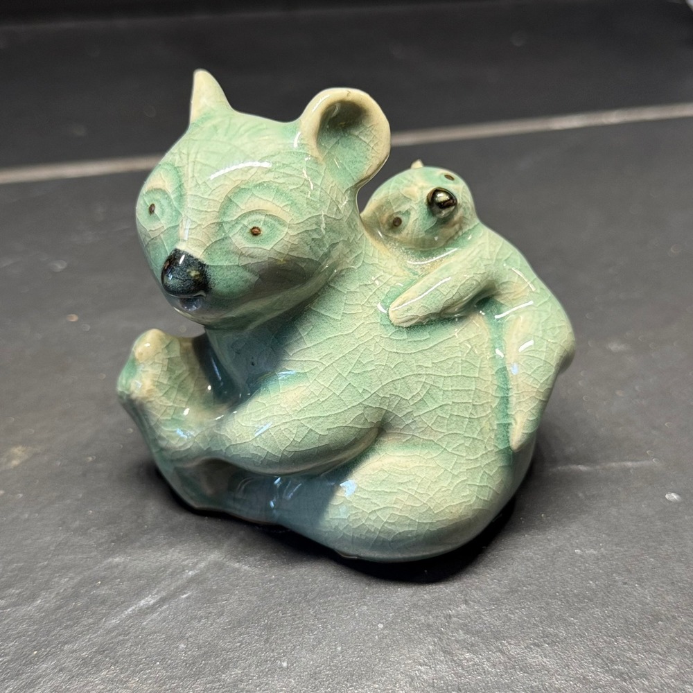 Antique Celadon Pottery Green Crackle Glaze Koala Mother and Baby Water Dropper